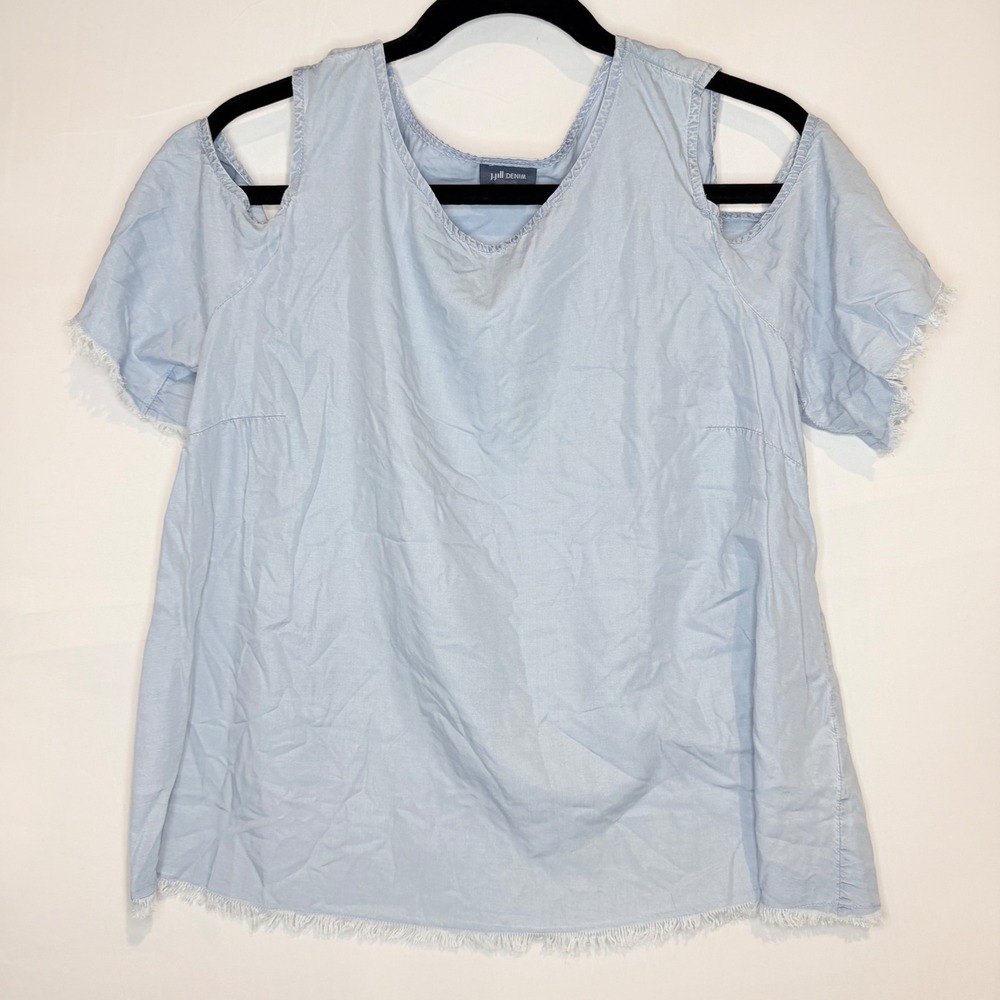 J. Jill Denim Light Blue Tencel Cold Shoulder Fringe Top Medium